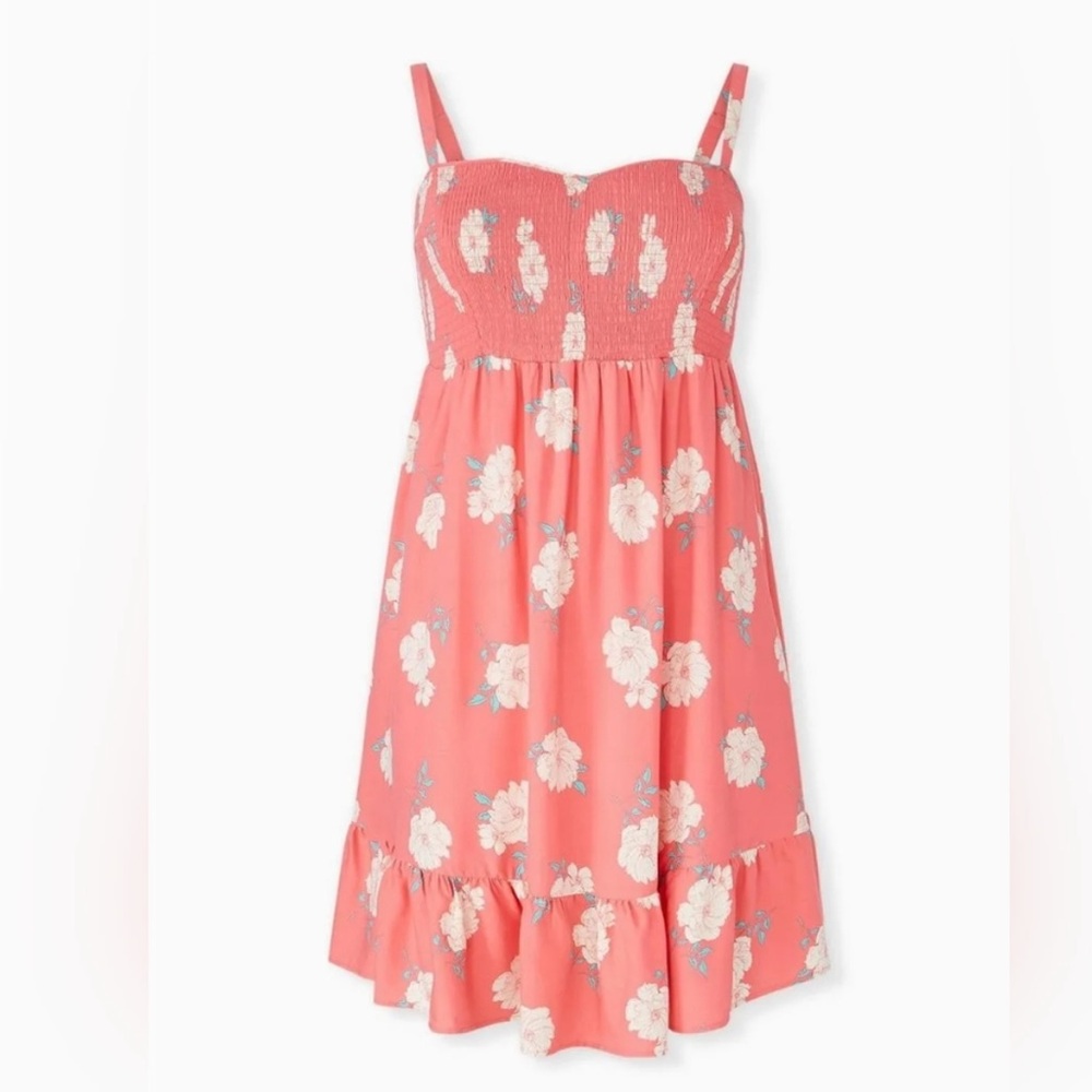Torrid EUC Coral Peach Floral Mini Challis Smocked Skater Dress 5x